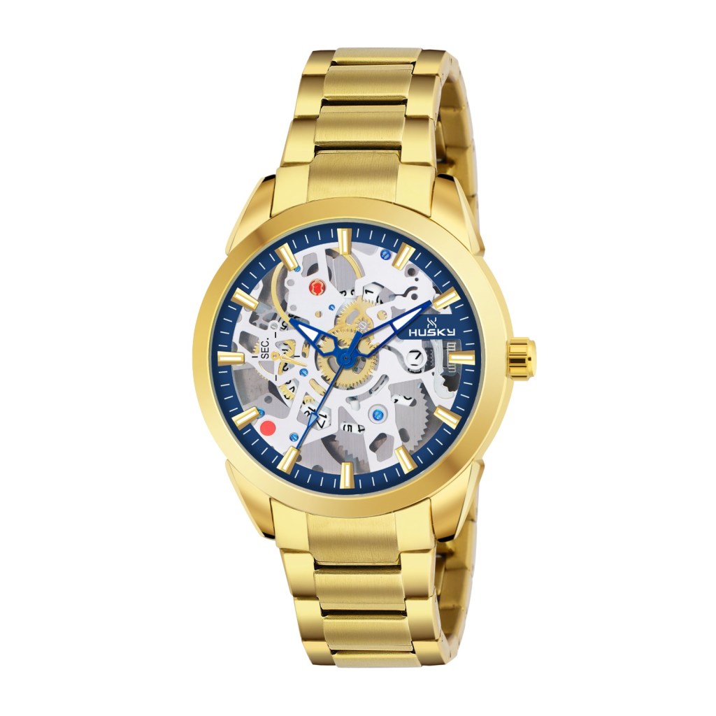 Golden wrist watch with the intricate patterns on the dial