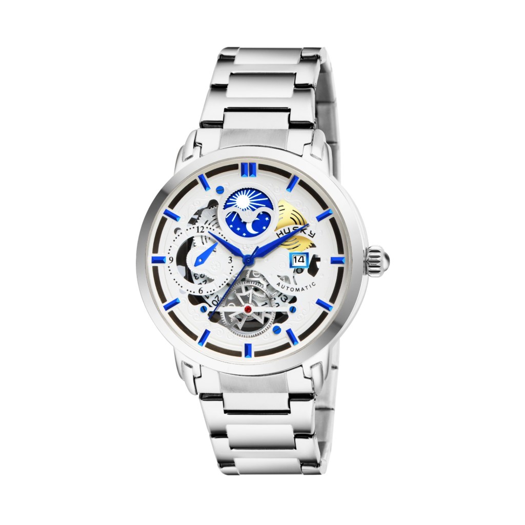 A silver wrist watch